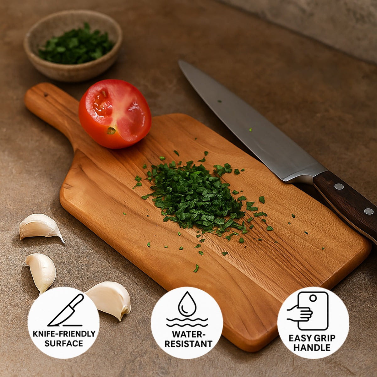 Acacia wood chopping board with handle and kitchen preparation benefits