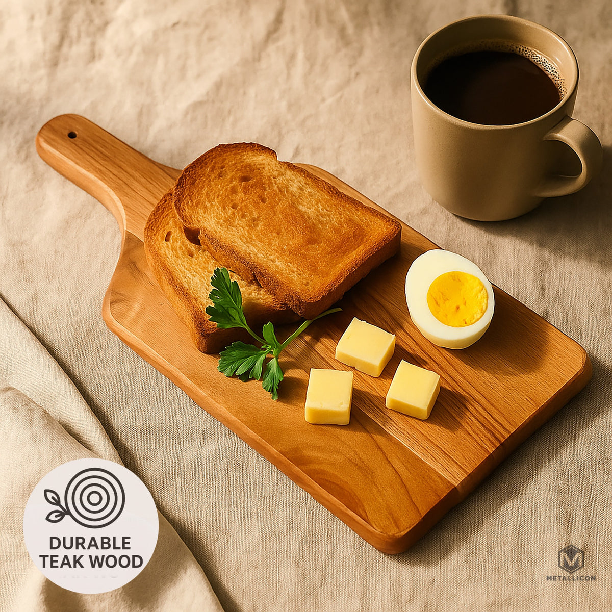 Acacia wood board used for serving toast and breakfast