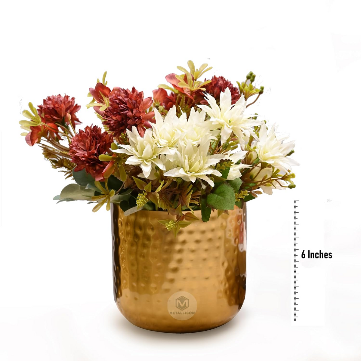 Gold hammered table vase with artificial flowers, 6 inch height