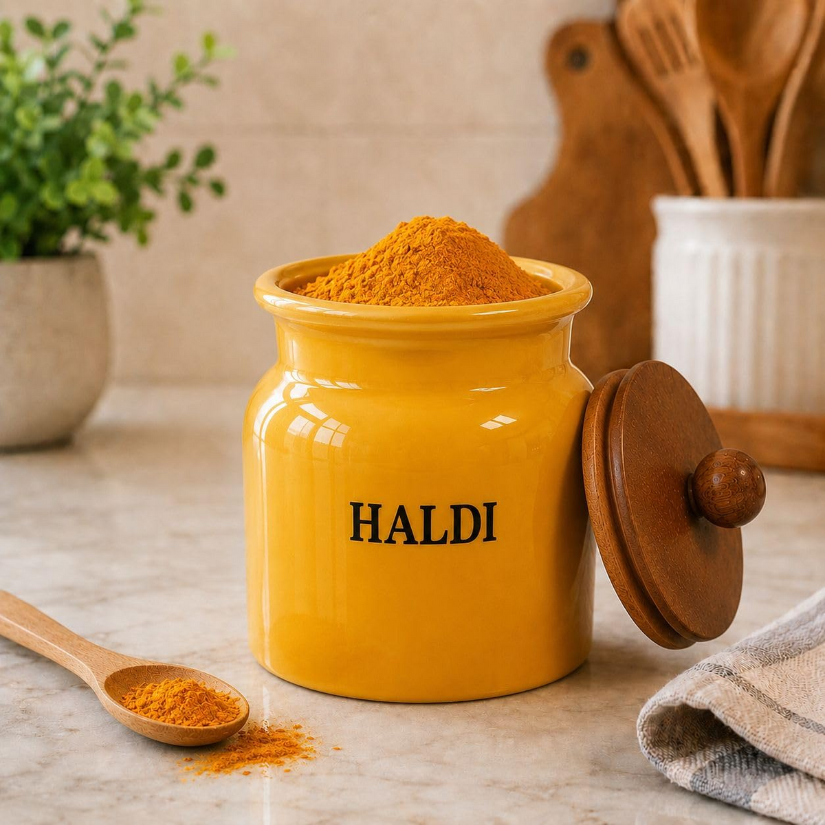 Yellow Haldi spice jar with wooden lid
