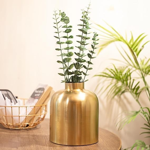 Rounded Gold Iron Vase with Greenery in styled interior