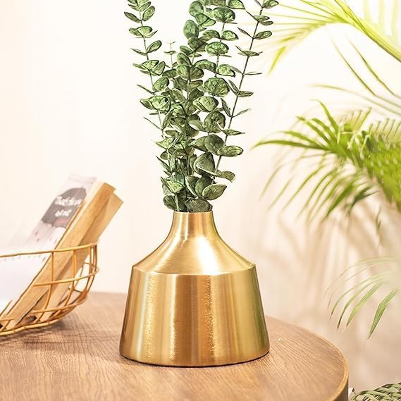 Tapered Gold Iron Vase with Greenery in styled interior