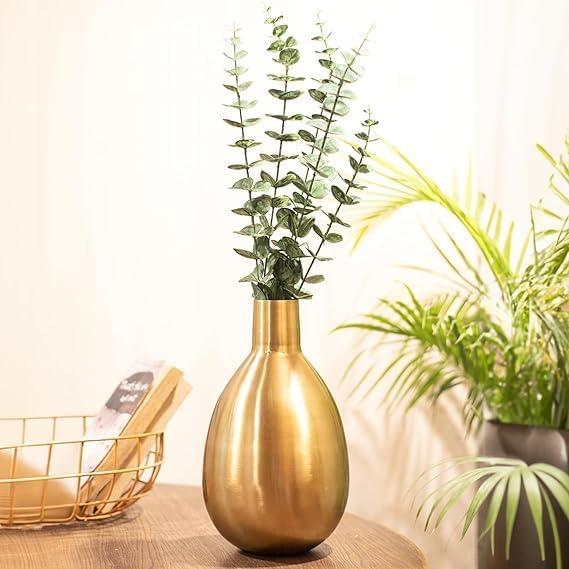 Teardrop Gold Iron Vase with Greenery in styled interior