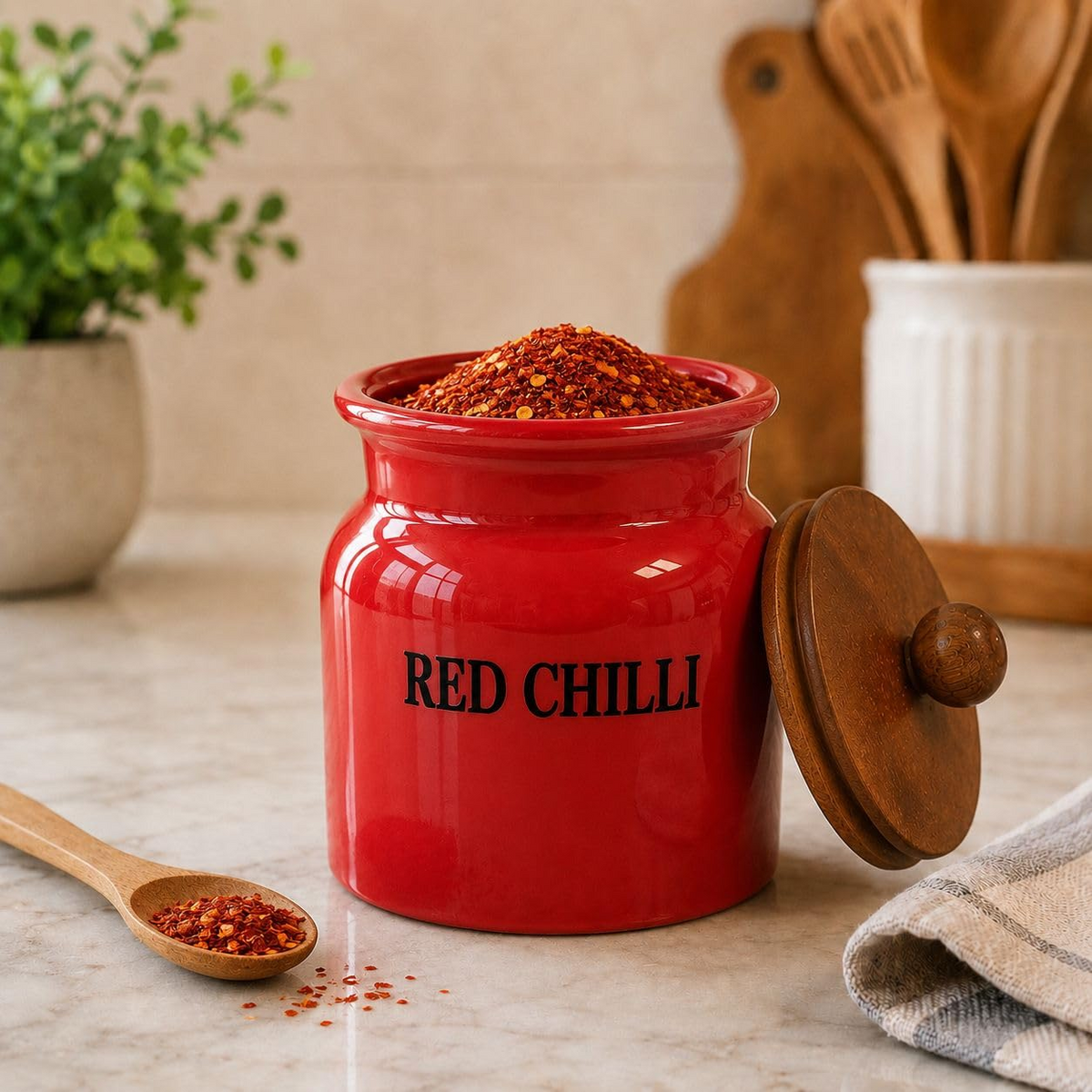 Red Chilli spice jar with wooden lid