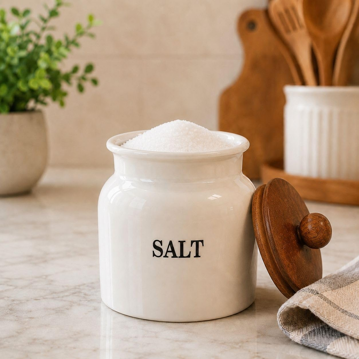 White Salt spice jar with wooden lid