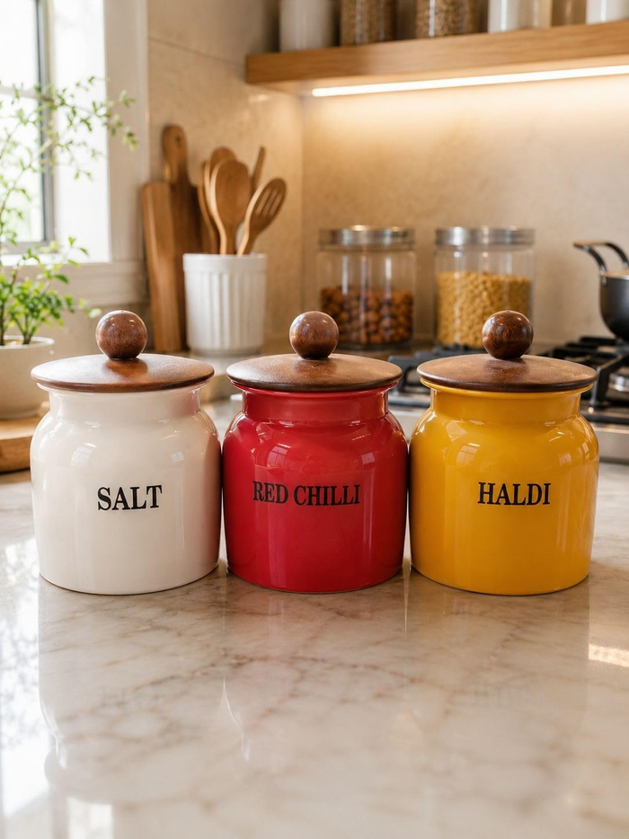 METALLICON set of three spice jars with wooden lids